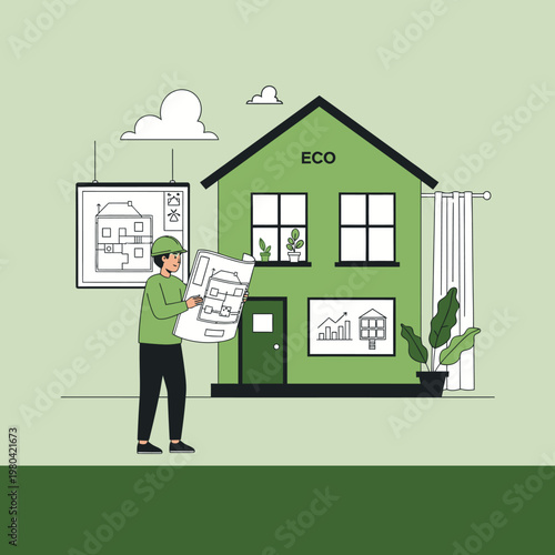 An architect in a green hard hat holding a blueprint while standing in front of a green eco-friendly house illustration featuring sustainable building plans and energy efficiency charts.