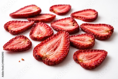 Dried strawberry slices displayed on a clean white background with soft lighting