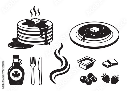 Pancake breakfast food illustration vector graphics with syrup and berries.