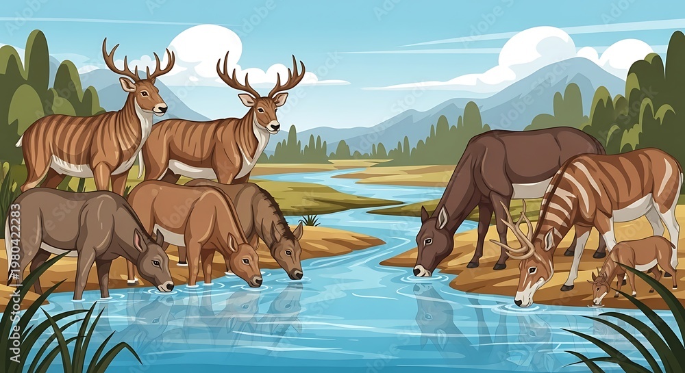 Naklejka premium Wild animals drinking from river landscape.