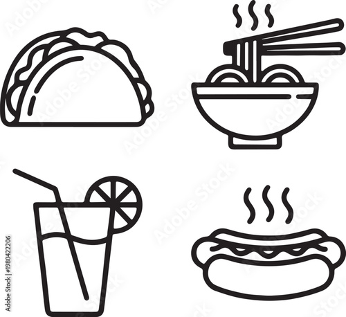 food and beverage icon set taco noodles drink hot dog line art vector illustration