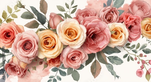 Romantic pastel roses in a flowing watercolor wreath composition