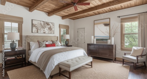 Stylish bedroom in farmhous...