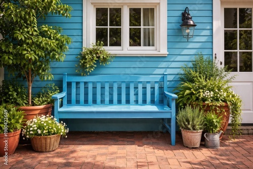 Blue wooden bench with pott...