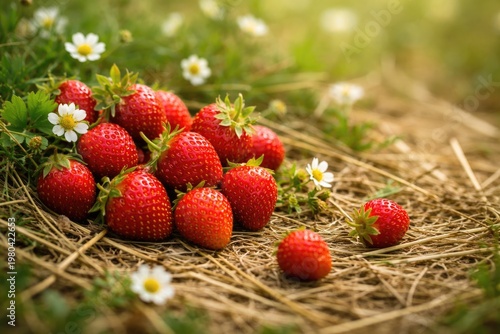 Close up of fresh wild strawberries on grass straw with tiny flowers and copy space