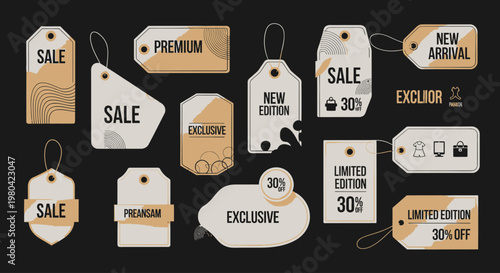 Collection of sale discount tags.