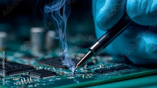 Precision technician soldering electronic components on circuit board to ensure reliable device assembly repair faults and maintain performance in high tech manufacturing environments