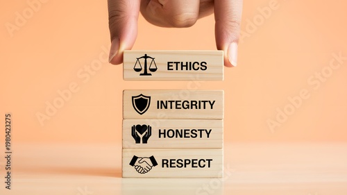 Upholding Core Ethical Values Hand Stacking Blocks Representing Integrity, Honesty, and Respect for Professional Business