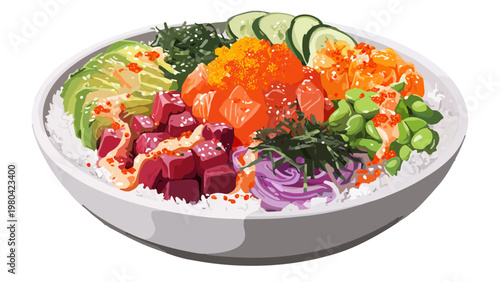fresh salmon and tuna poke bowl aesthetic flat vector illustration 
