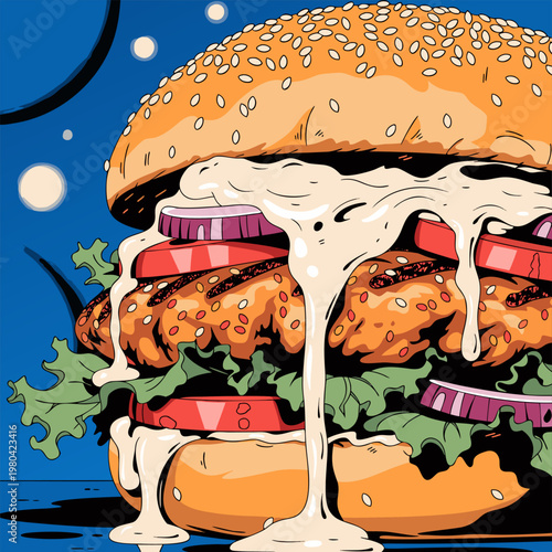 Fresh chicken burger with grilled fillet, lettuce, tomato, isolated vector for fast food promotional menu design.
