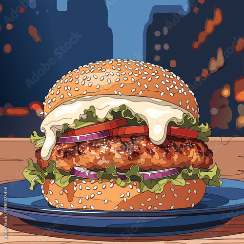 Delicious grilled chicken burger with lettuce and tomato, isolated vector illustration for modern fast food menu.