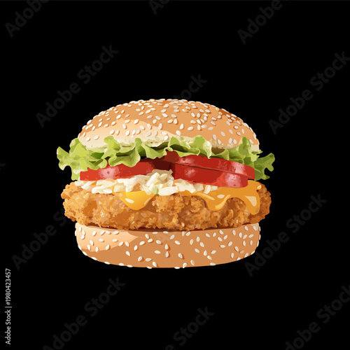 Delicious grilled chicken burger with lettuce and tomato, isolated vector for fast food menu design.
