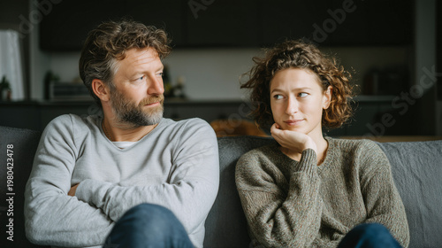 couple sitting on sofa having serious conversation, middle aged man and woman looking at each other with tension, worried parents sitting side by side on couch