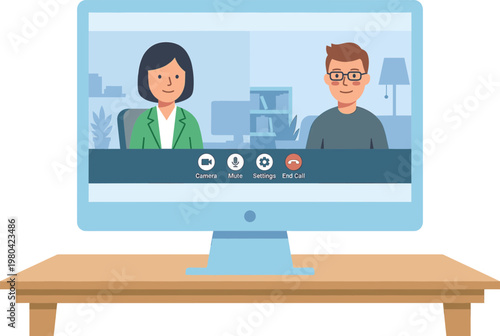 Online business meeting and communication with video call on computer screen