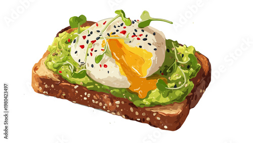 avocado toast with poached egg and seeds aesthetic flat vector illustration 