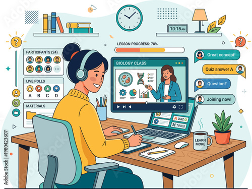 Engaged student participates in a virtual biology class, actively learning online from home with modern e-learning tools and digital resources
