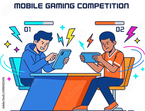 Dynamic illustration of two enthusiastic young gamers fiercely competing in a high-stakes mobile esports championship, highlighting digital entertainment and competitive play