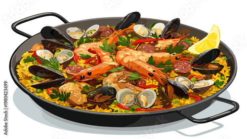 traditional spanish seafood paella in a pan aesthetic flat vector illustration 