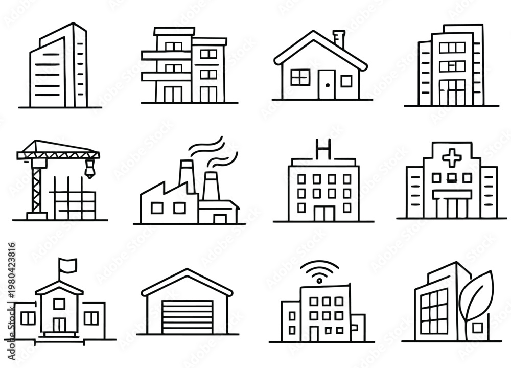 Fototapeta premium Modern Building Line Icon Set – Minimal Architecture Outline Icons Collection