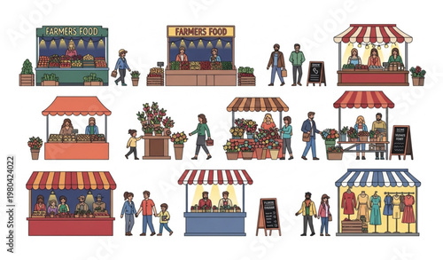 Urban night fair market stalls shopping cartoon vector illustration