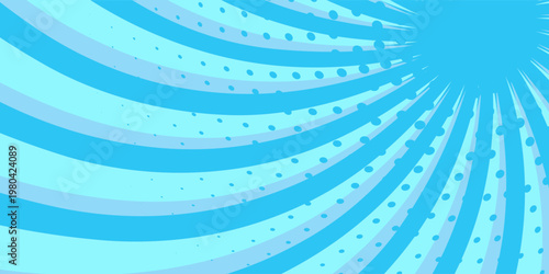 Comic background. Pop art texture. Starburst cartoon style. Anime design with explosion effect for print. Fun dot pattern. Blue backdrop with halftone gradient. Funny line frame. Vector illustration