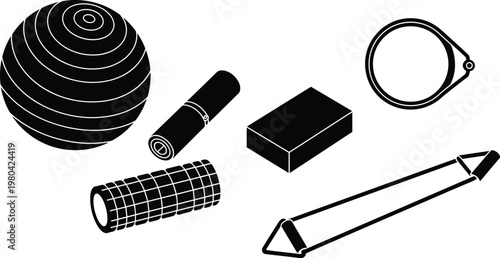 Fitness equipment silhouette vector, yoga mat icon, exercise ball design, foam roller graphic, resistance band illustration, workout gear, training tool