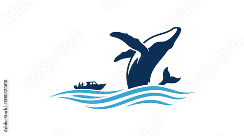 Whale Watching Logo Jumping Whale With Boat on Waves