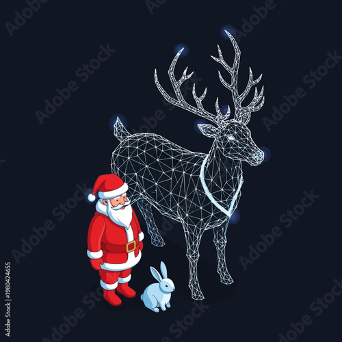 Festive Christmas Scene - Santa Claus, Reindeer, and Bunny Illustration.