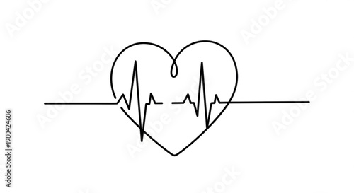 Minimalist continuous line heart with cardiac rhythm pulse wave