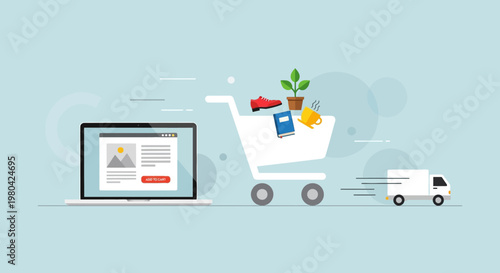 E-commerce, online shopping, delivery, logistics, shopping cart, vector icons