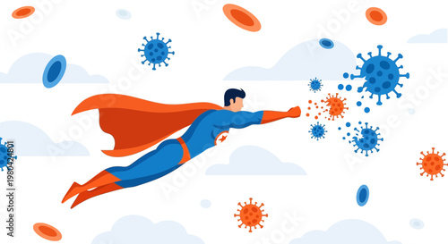Superhero fighting viruses, immune system defense, medical concept, health protection