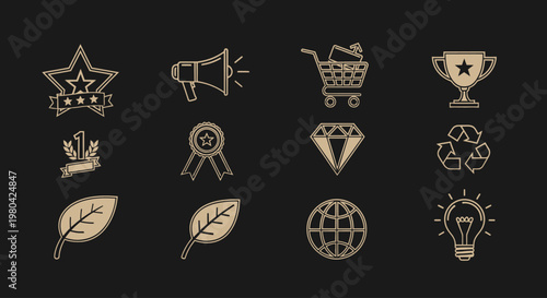 Golden icons on black background.