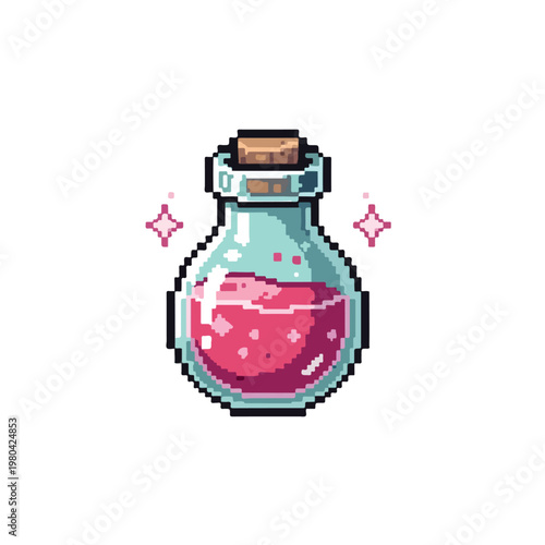 A charming pixel art vector illustration depicts a round glass magic potion bottle filled with a sparkling pink elixir and sealed with a cork.