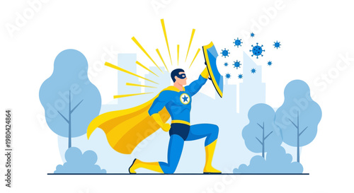 Superhero protecting against viruses with shield, concept of immunity and health defense