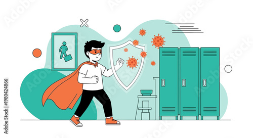 Superhero kid protects against virus with shield, school lockers background