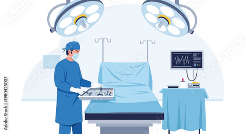 Surgeon in operating room with medical instruments and equipment, ready for surgery