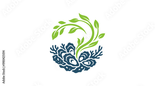 Abstract Coastal Emblem of Oysters and Foliage