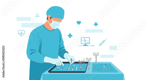 Surgeon in scrubs and mask preparing surgical instruments on a sterile tray for operation