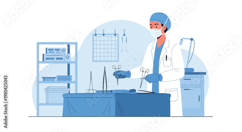 Surgeon in sterile operating room preparing surgical instruments for operation