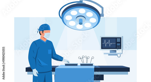 Surgeon in sterile scrubs and mask prepares for operation in modern operating room
