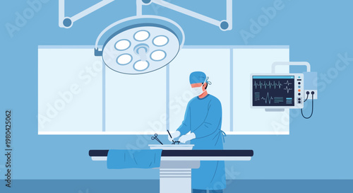 Surgeon in sterile blue scrubs performs surgery under bright operating room lights.