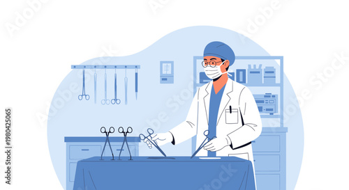 Surgeon in sterile operating room with surgical instruments, ready for operation