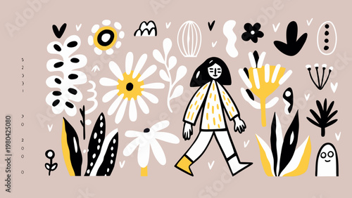 Stylized character walking through vibrant abstract garden with flowers and plants on pink background