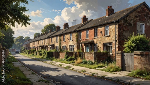 A row of aged brick houses with small front gardens lines a street under a partly cloudy sky on a sunny day
