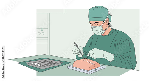 Surgeon practicing suturing on a medical dummy in an operating room