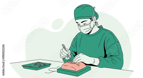 Surgeon Practicing Suturing Skills on Medical Model in Operating Room