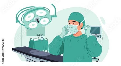 Surgeon Preparing for Operation in Operating Room with Surgical Lamp and Equipment