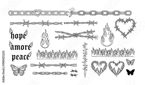 Black and white of barbed wire chains fire flames hearts and butterflies