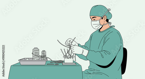 Surgeon preparing medical equipment for surgery, close-up of hands in gloves