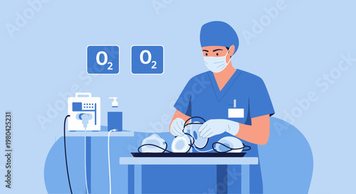 Surgeon preparing medical equipment for surgery, oxygen tanks and masks on table